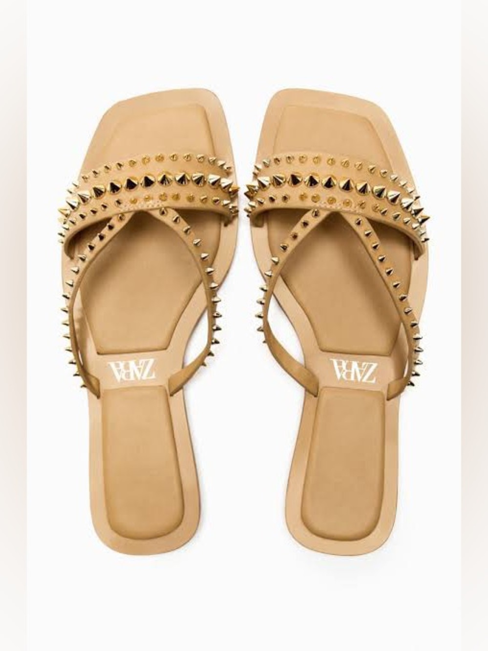 ZARA Studded Flat Cross-Strap Slide Sandals Tan Gold Sz 10 Festival Gladiator